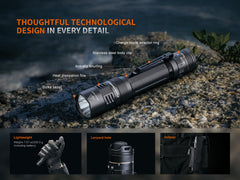 Fenix PD45R ACE tactical flashlight with multiple modes, black body, and textured grip for outdoor and tactical use.