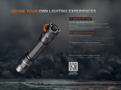 Fenix PD45R ACE tactical flashlight with multi-mode LED, black body, and textured grip for outdoor and tactical use.