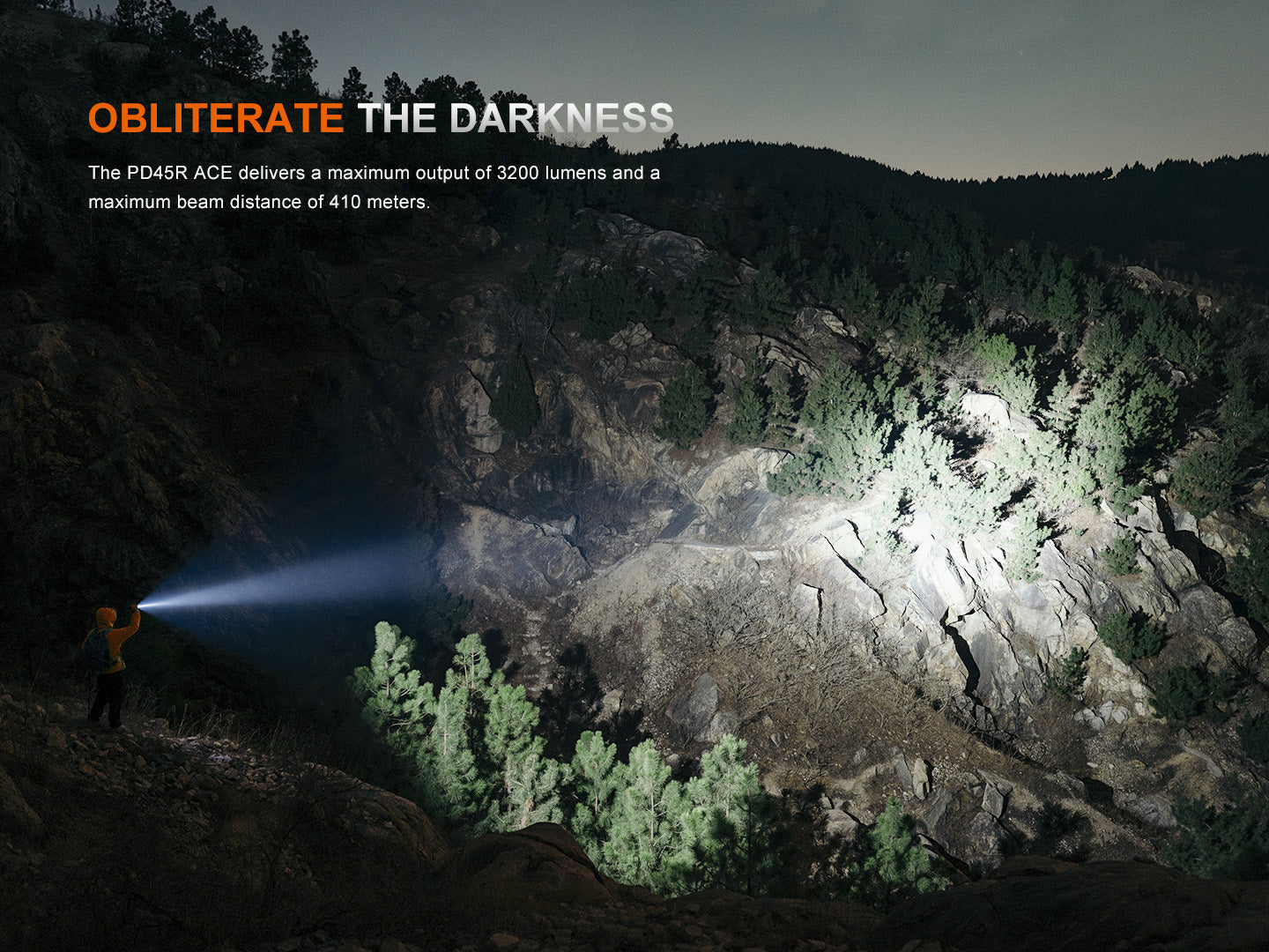 Fenix PD45R ACE tactical flashlight with multiple modes, black body, and textured grip for outdoor and tactical use.