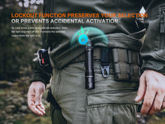 Fenix PD45R ACE tactical flashlight with multiple modes, black body, and textured grip for enhanced handling and visibility.
