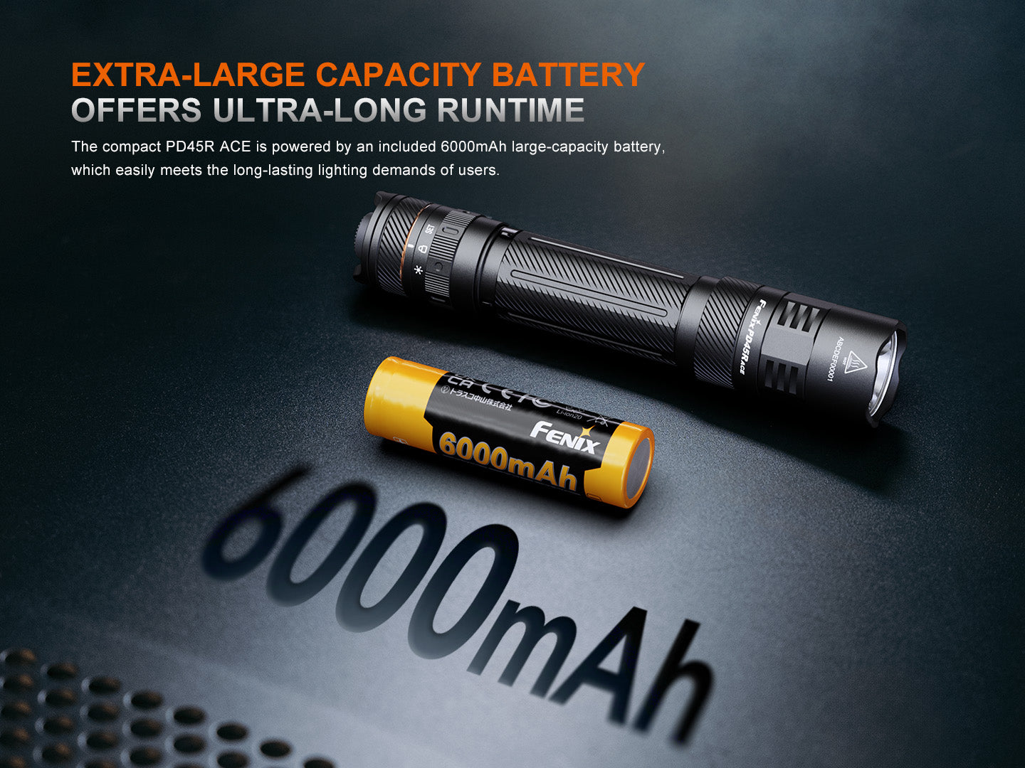 Fenix PD45R ACE tactical flashlight with multi-mode illumination, black body, and textured grip for outdoor and tactical use.
