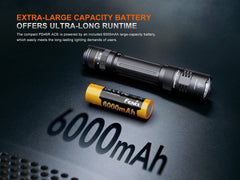 Fenix PD45R ACE tactical flashlight with multi-mode illumination, black body, and textured grip for outdoor and tactical use.