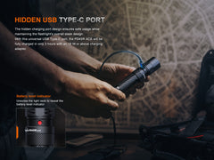 Fenix PD45R ACE multi-mode tactical flashlight with adjustable beam, black body, and textured grip for outdoor or tactical use.