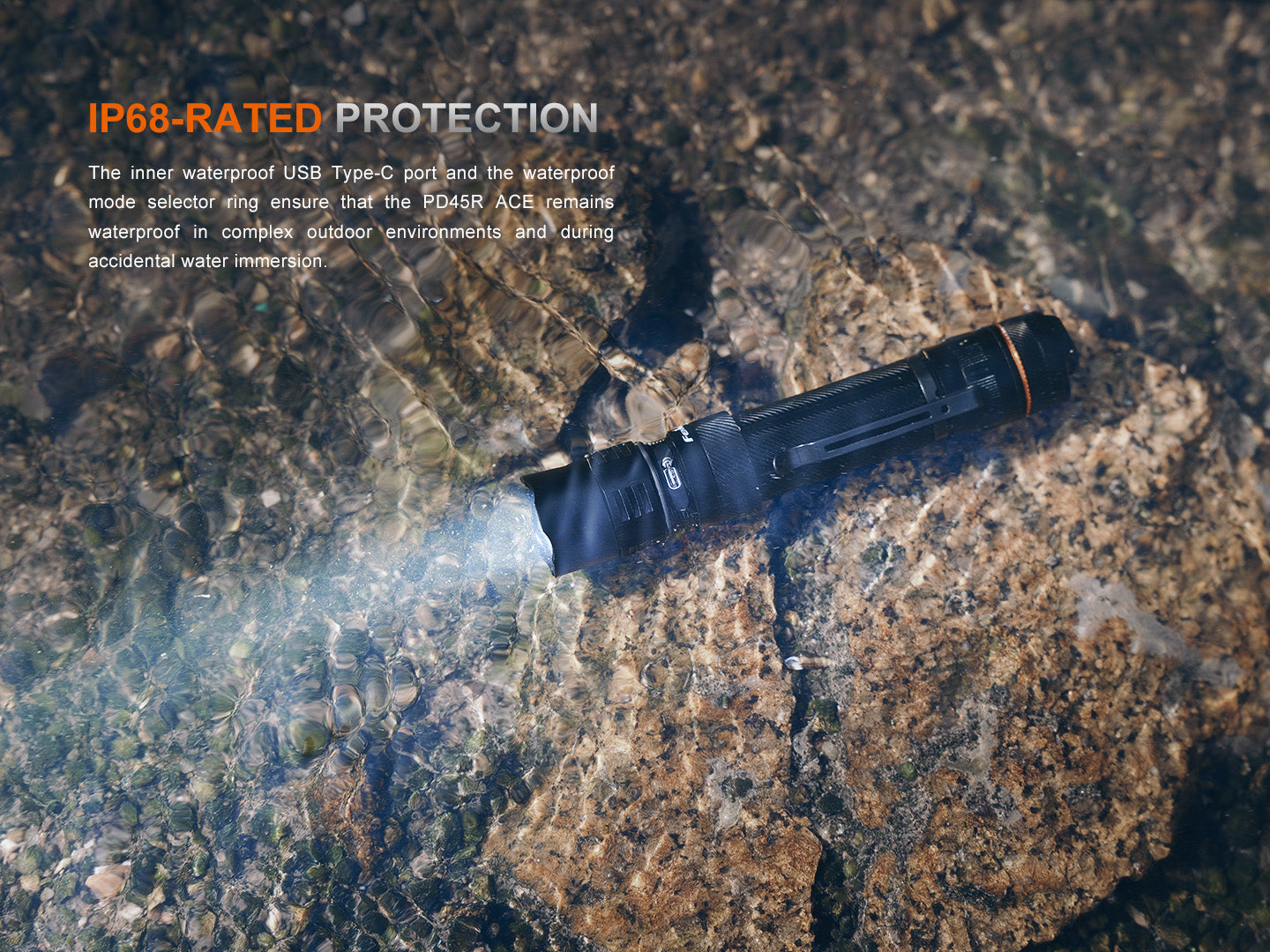 Fenix PD45R ACE tactical flashlight with multi-mode LED light, black body, and textured grip for outdoor and tactical use.