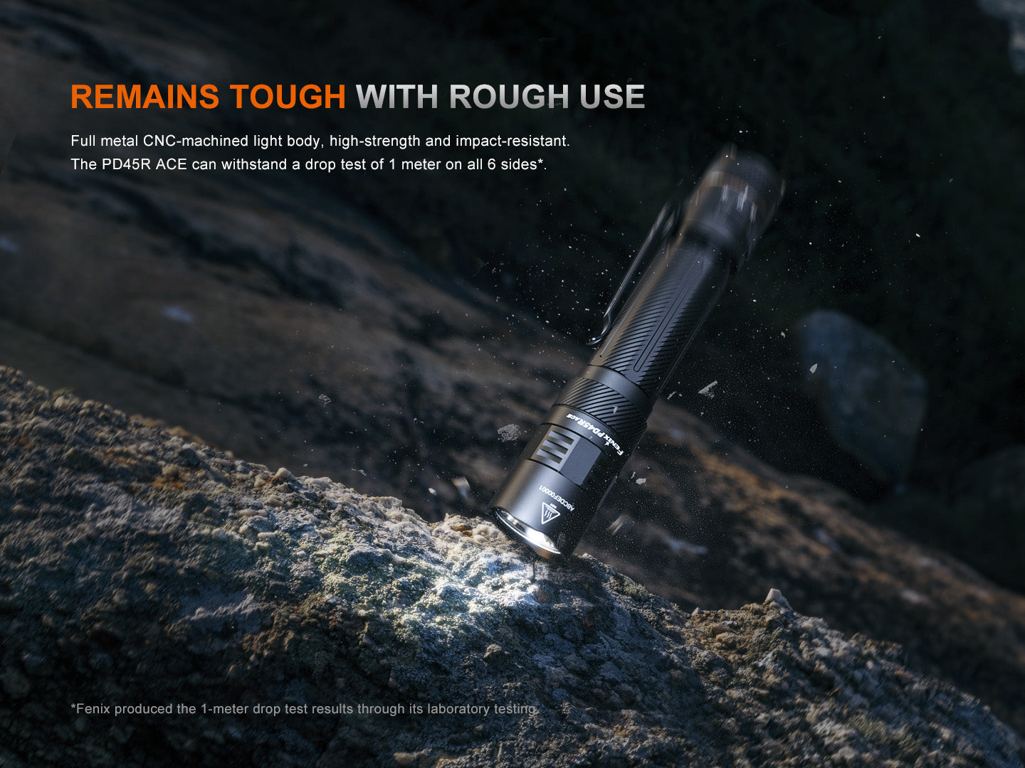 Fenix PD45R ACE tactical flashlight with multiple modes, black body, and textured grip for handheld use.