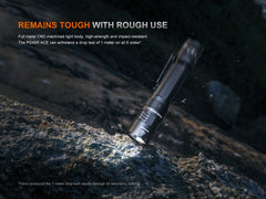 Fenix PD45R ACE tactical flashlight with multiple modes, black body, and textured grip for handheld use.