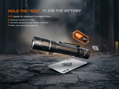 Fenix PD45R ACE tactical flashlight with multi-mode beam, black body, and textured grip for outdoor and tactical use.