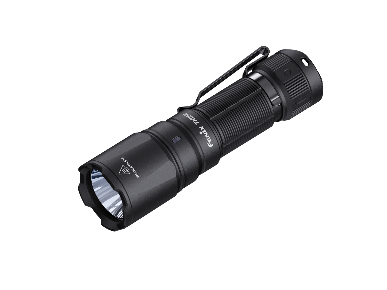 Fenix TK05R compact tactical EDC flashlight with black aluminum body, LED bulb, and textured grip for outdoor or tactical use