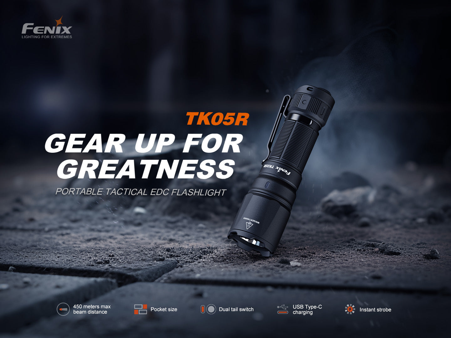 Fenix TK05R compact tactical EDC flashlight with black body and textured grip, designed for everyday carry and tactical use.