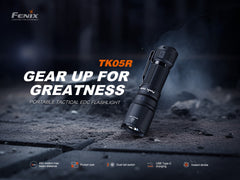 Fenix TK05R compact tactical EDC flashlight with black body and textured grip, designed for everyday carry and tactical use.