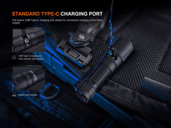 Fenix TK05R compact tactical EDC flashlight with black aluminum body, LED light, and textured grip for outdoor and tactical use.
