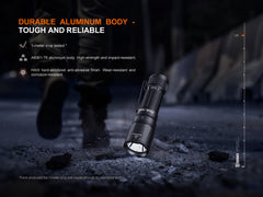 Fenix TK05R compact tactical EDC flashlight with black body, LED bulb, and textured grip for outdoor and tactical use.