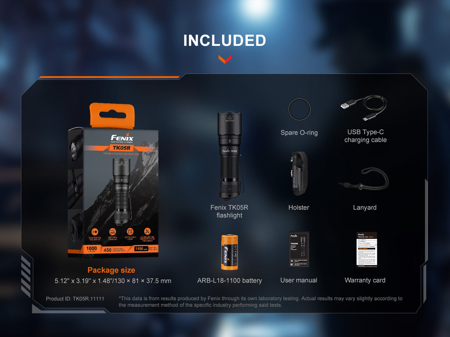 Fenix TK05R compact tactical EDC flashlight with black body, textured grip, and adjustable focus on a plain background.