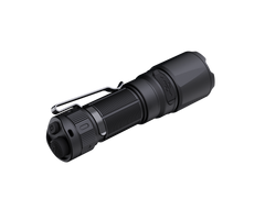 Fenix TK05R compact tactical EDC flashlight with black body and textured grip, shown turned on with beam illuminated.