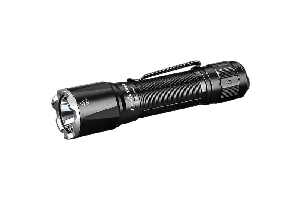 Fenix TK16 V2.0 tactical flashlight emitting bright 3100 lumens, compact black design with textured grip for tactical use.