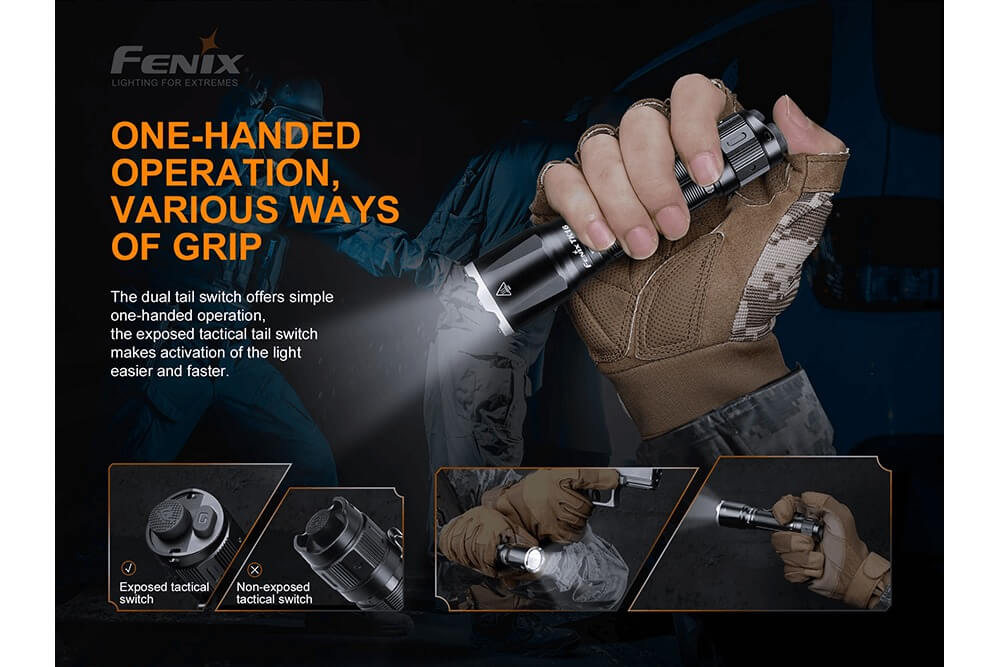 Fenix TK16 V2.0 tactical flashlight emitting bright beam, compact black design, 3100 lumens, outdoor and tactical use.