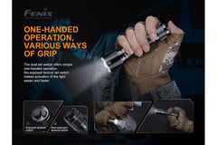 Fenix TK16 V2.0 tactical flashlight emitting bright beam, compact black design, 3100 lumens, outdoor and tactical use.