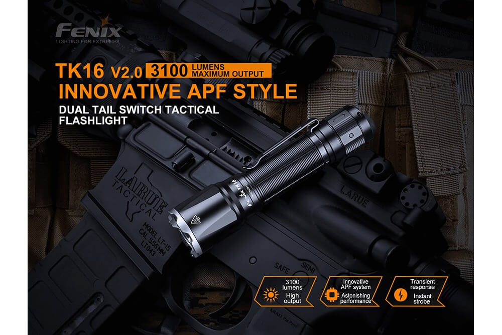 Fenix TK16 V2.0 tactical flashlight emitting bright white light with textured grip and adjustable focus, 3100 lumens.