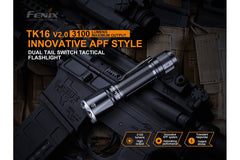Fenix TK16 V2.0 tactical flashlight emitting bright white light with textured grip and adjustable focus, 3100 lumens.