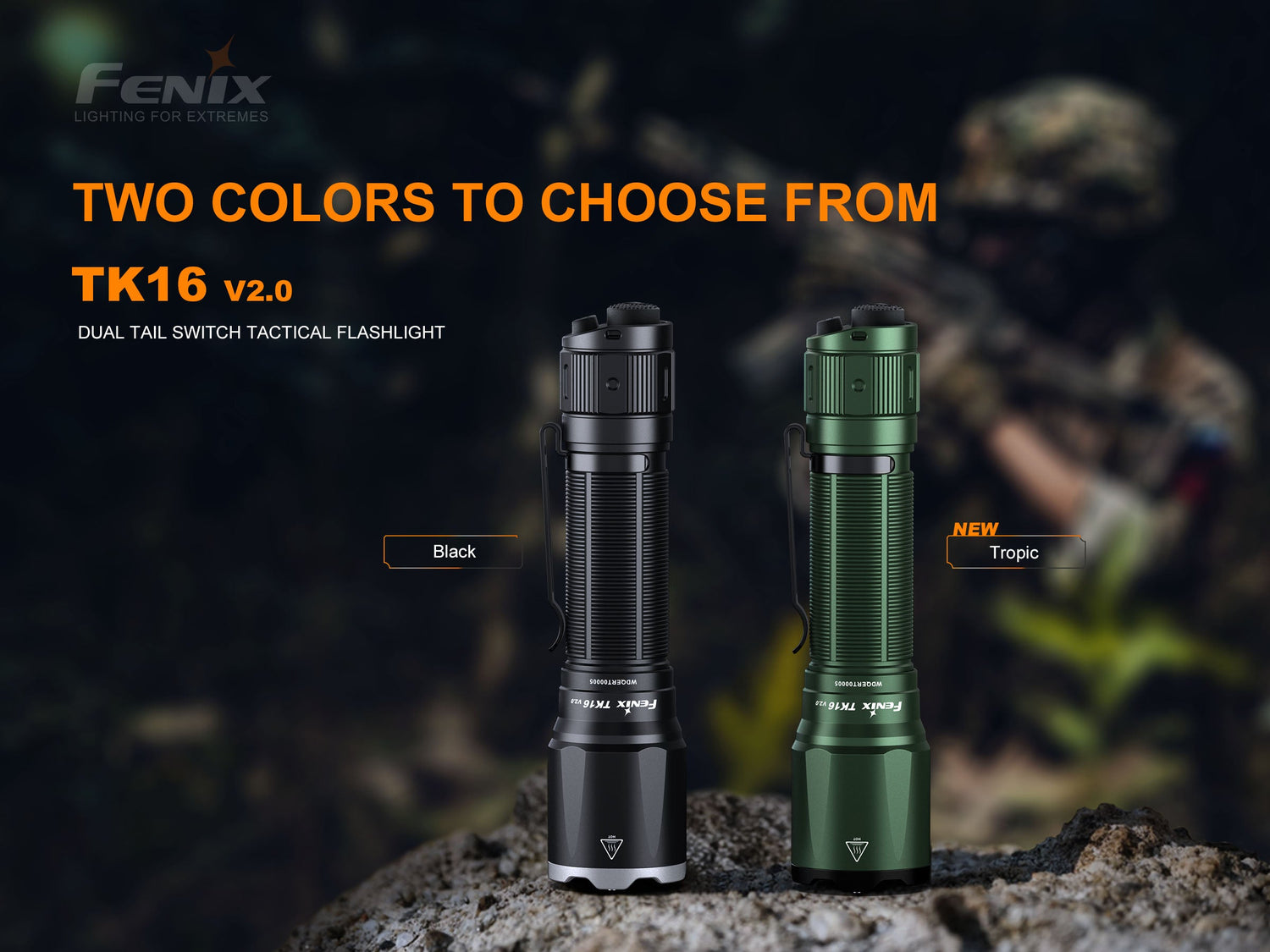 Fenix TK16 V2.0 tactical flashlight emitting bright white light, compact design, with textured grip and adjustable bezel.
