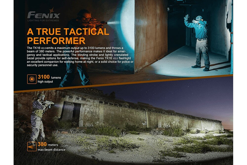 Fenix TK16 V2.0 tactical flashlight emitting bright 3100 lumens, compact black design with textured grip for outdoor use