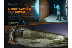 Fenix TK16 V2.0 tactical flashlight emitting bright 3100 lumens, compact black design with textured grip for outdoor use