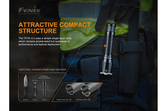 Fenix TK16 V2.0 tactical flashlight with 3100 lumens, black body, compact design, and textured grip for outdoor and tactical use.