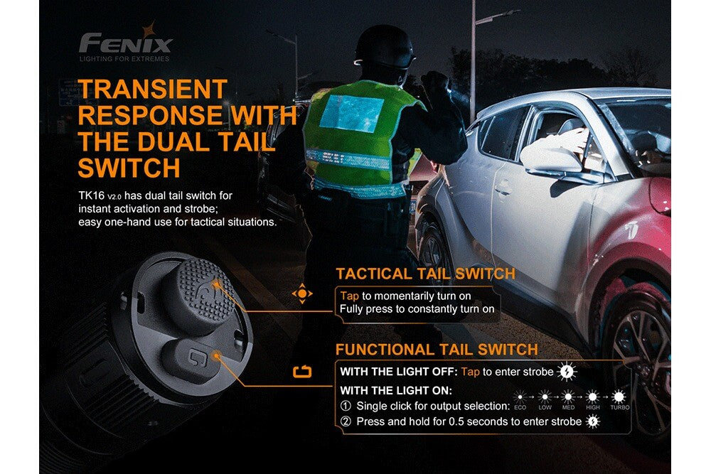 Fenix TK16 V2.0 tactical flashlight emitting bright white light, compact design, with textured grip and adjustable focus.
