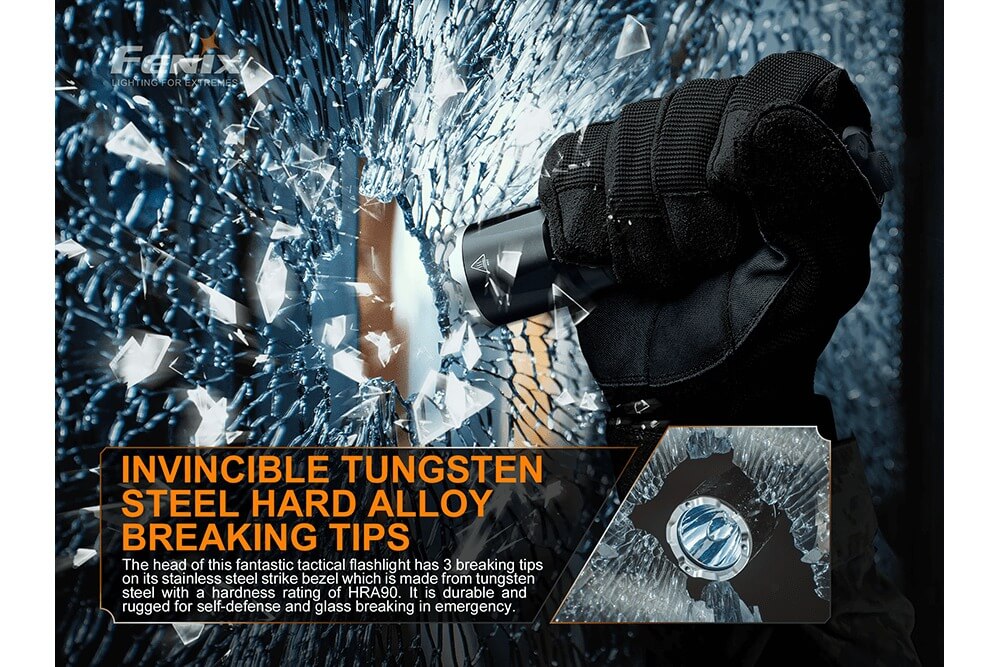 Fenix TK16 V2.0 tactical flashlight emitting bright 3100 lumens, handheld with textured grip and adjustable beam.