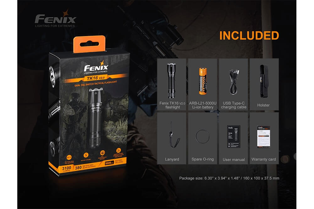 Fenix TK16 V2.0 tactical flashlight with 3100 lumens, compact handheld LED flashlight, black body, and tactical design.