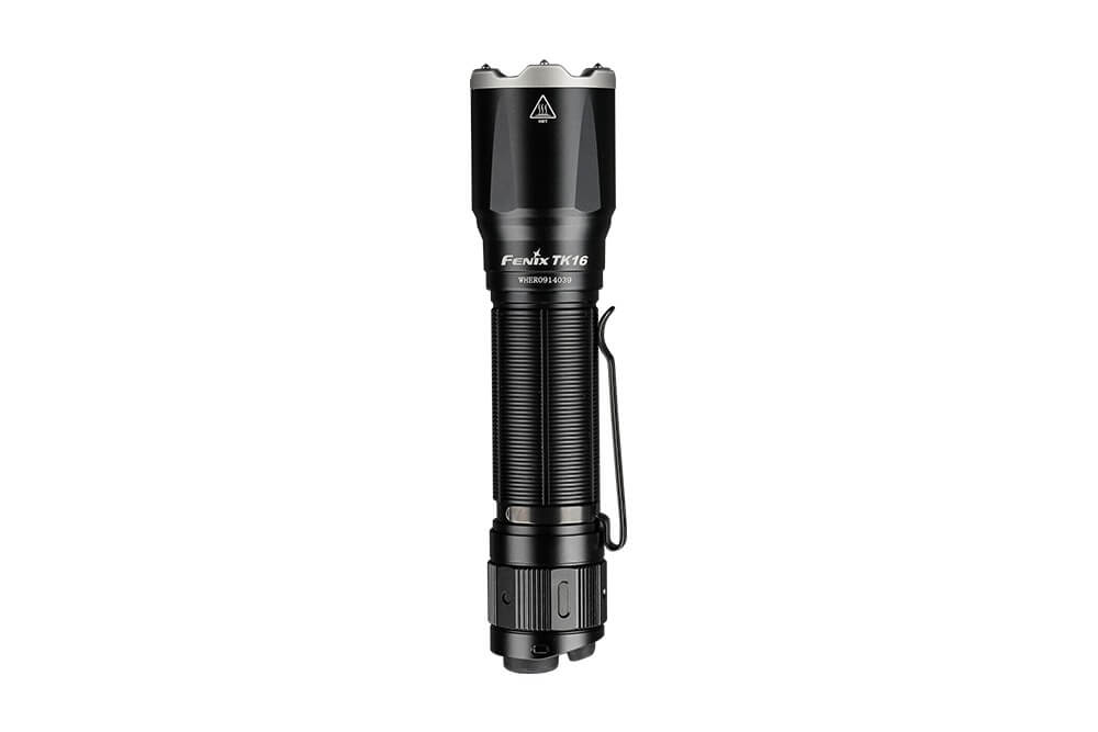 Fenix TK16 V2.0 tactical flashlight with 3100 lumens, black body, and adjustable zoom, designed for outdoor and tactical use.