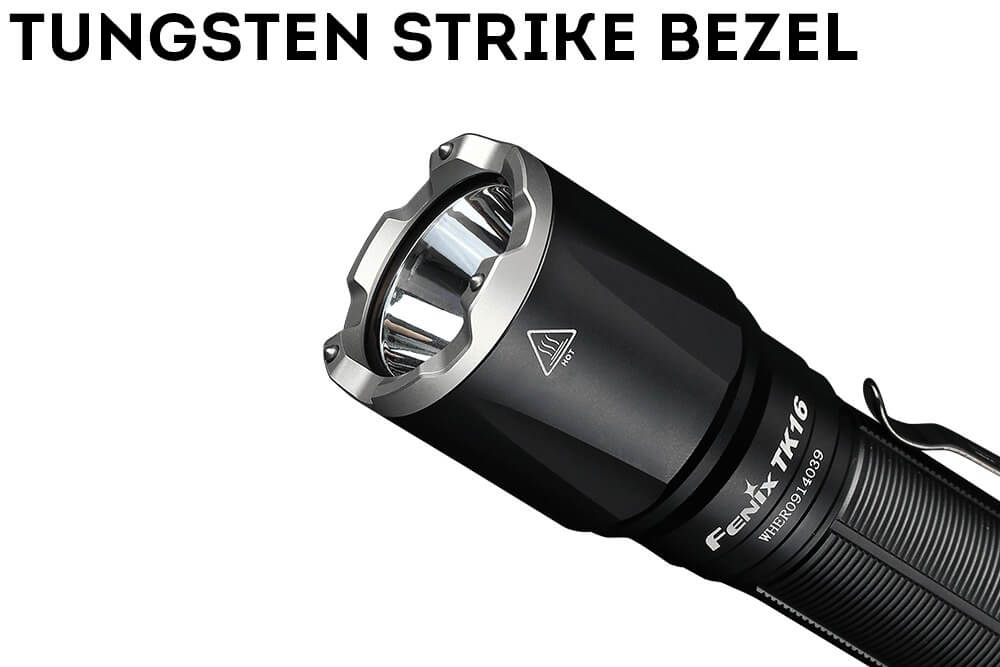 Fenix TK16 V2.0 tactical flashlight with 3100 lumens, black body, and adjustable beam, designed for outdoor and tactical use.