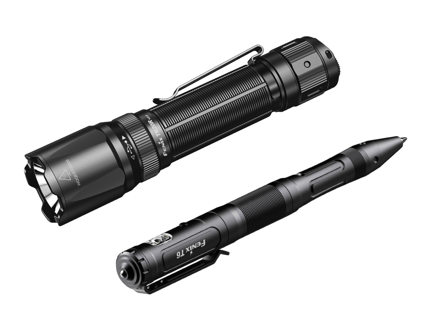 Fenix TK20R V2.0 rechargeable tactical flashlight with textured grip, shown with optional T5 tactical pen beside it.