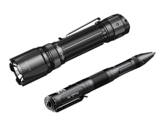 Fenix TK20R V2.0 rechargeable tactical flashlight with textured grip, shown with optional T5 tactical pen beside it.