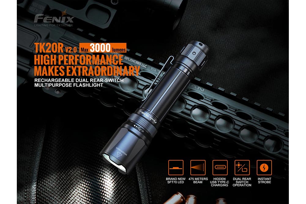 Fenix TK20R V2.0 rechargeable tactical flashlight with black body and textured grip, featuring a removable tactical bezel.