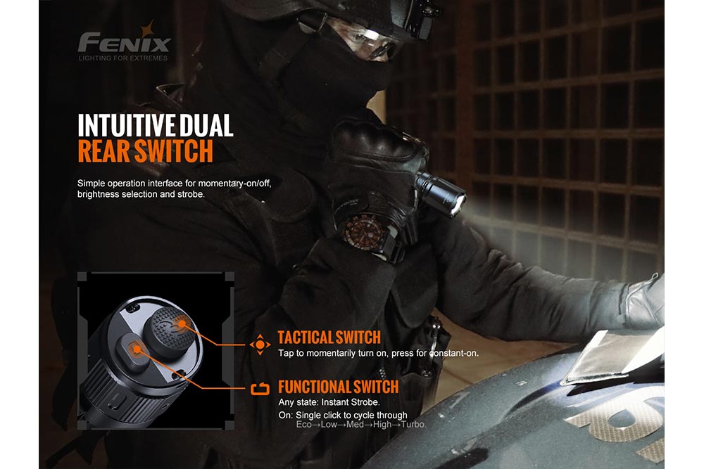 Fenix TK20R V2.0 rechargeable tactical flashlight with adjustable beam and black body, next to a black T5 tactical pen.