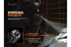 Fenix TK20R V2.0 rechargeable tactical flashlight with adjustable beam and black body, next to a black T5 tactical pen.