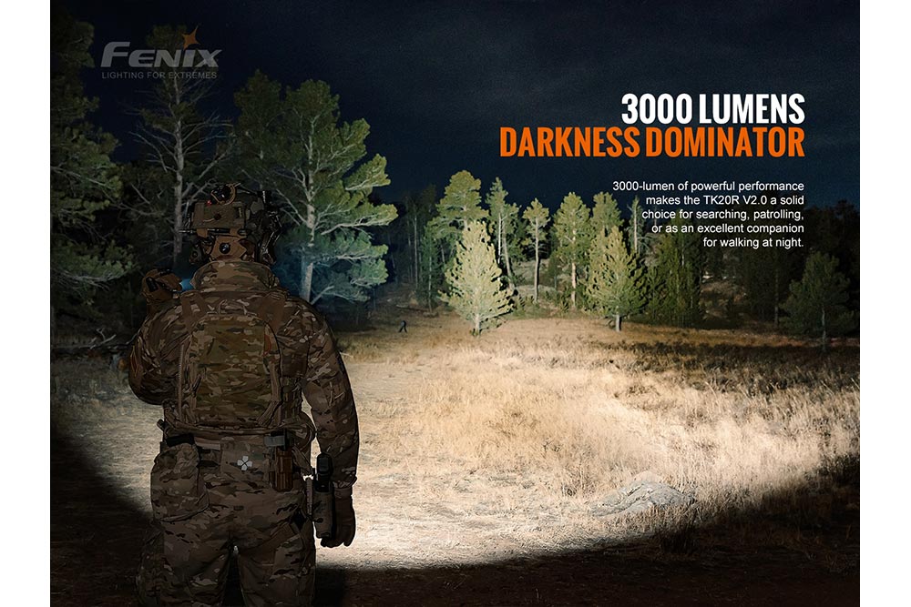 Fenix TK20R V2.0 rechargeable tactical flashlight with adjustable beam and optional T5 tactical pen on a plain background.