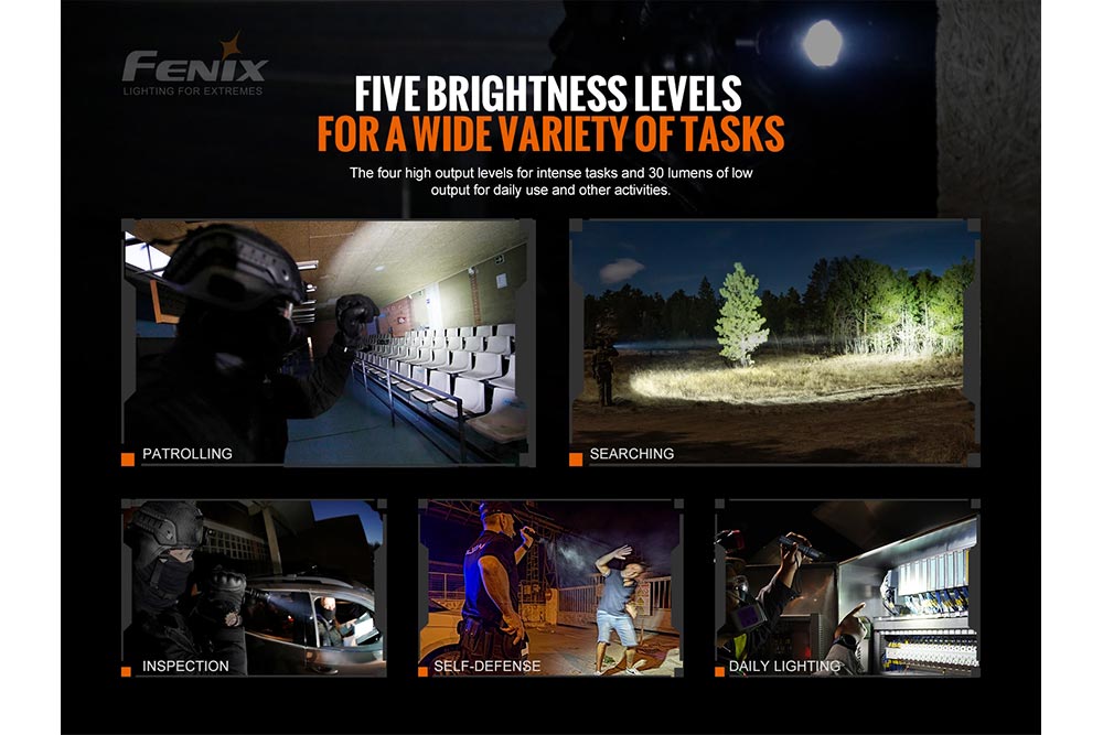 Fenix TK20R V2.0 rechargeable tactical flashlight with black body and textured grip, alongside a black T5 tactical pen.