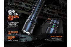 Fenix TK20R V2.0 rechargeable tactical flashlight with LED beam and optional T5 tactical pen in a black finish.