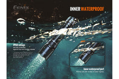 Fenix TK20R V2.0 rechargeable tactical flashlight with adjustable beam and included T5 tactical pen for outdoor or security use.