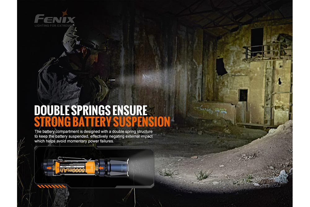 Fenix TK20R V2.0 rechargeable tactical flashlight with adjustable beam and included T5 tactical pen on a dark background.