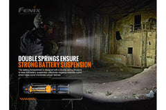 Fenix TK20R V2.0 rechargeable tactical flashlight with adjustable beam and included T5 tactical pen on a dark background.