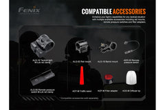 Fenix TK20R V2.0 rechargeable tactical flashlight with black body and textured grip, shown with optional T5 tactical pen.
