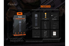 Fenix TK20R V2.0 rechargeable tactical flashlight with adjustable beam and included T5 tactical pen on a plain background.