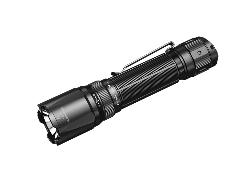 Fenix TK20R V2.0 rechargeable tactical flashlight with adjustable beam and free T5 tactical pen shown on a neutral background.