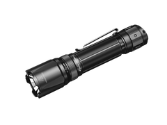 Fenix TK20R V2.0 rechargeable tactical flashlight with adjustable beam and free T5 tactical pen shown on a neutral background.