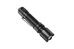 Fenix TK20R V2.0 rechargeable tactical flashlight with black body and LED lens, shown alongside a T5 tactical pen.