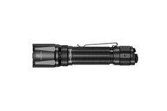 Fenix TK20R V2.0 rechargeable tactical flashlight with a textured grip and adjustable beam, shown with optional T5 tactical pen.