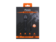 Fenix TK20R V2.0 rechargeable tactical flashlight with focus beam and textured grip, shown alongside an optional tactical pen.